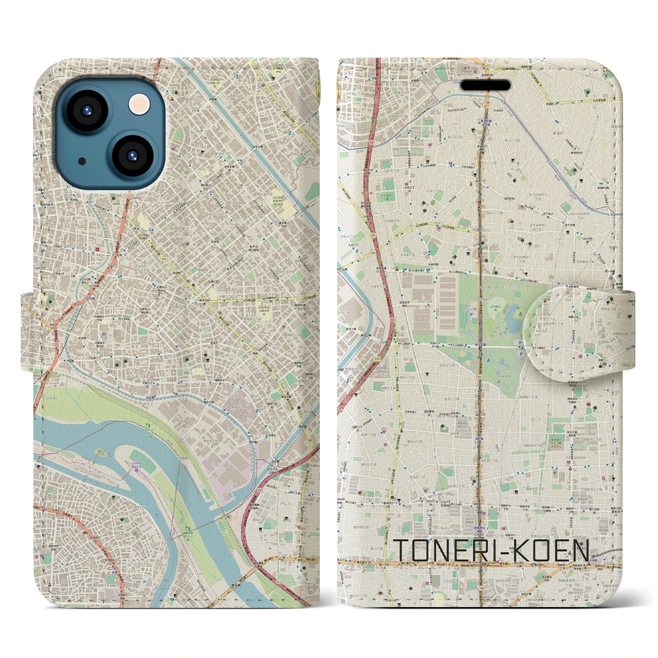 【舎人公園(東京都)】地図柄iPhoneケース(手帳タイプ)ナチュラル・iPhone 13 用