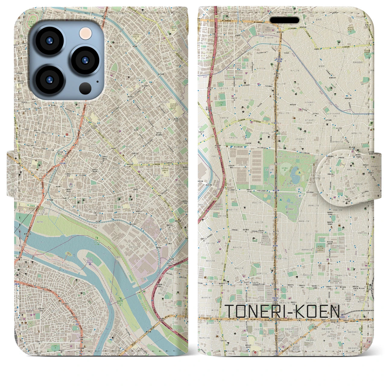 【舎人公園(東京都)】地図柄iPhoneケース(手帳タイプ)ナチュラル・iPhone 13 Pro Max 用