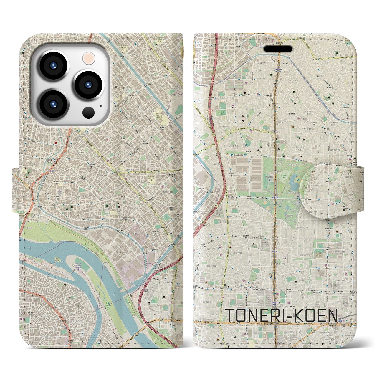 【舎人公園(東京都)】地図柄iPhoneケース(手帳タイプ)ナチュラル・iPhone 13 Pro 用