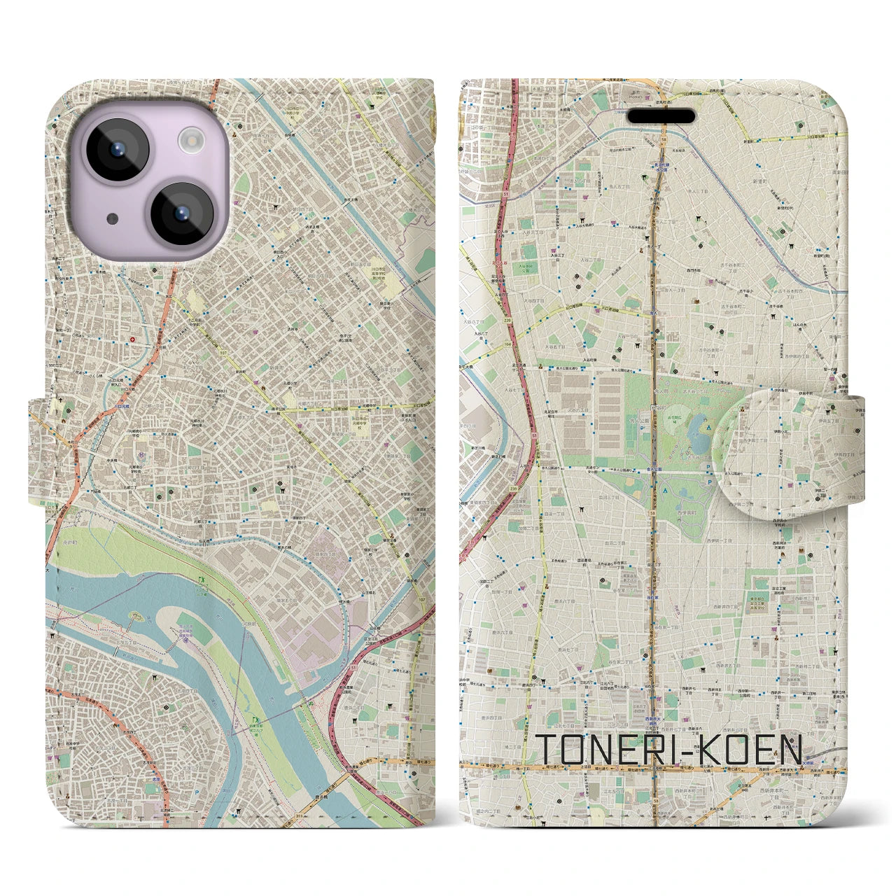 【舎人公園(東京都)】地図柄iPhoneケース(手帳タイプ)ナチュラル・iPhone 14 用