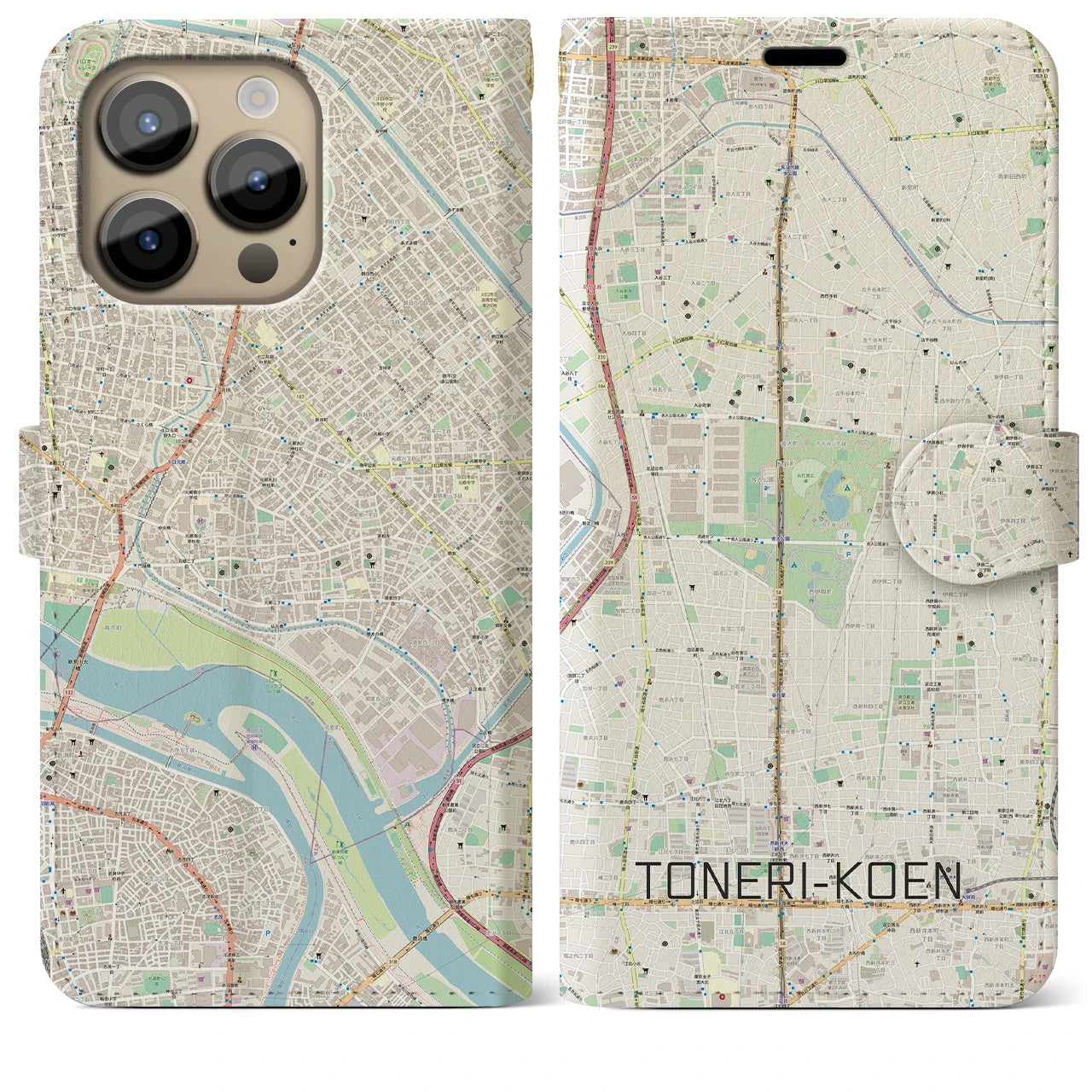 【舎人公園(東京都)】地図柄iPhoneケース(手帳タイプ)ナチュラル・iPhone 14 Pro Max 用