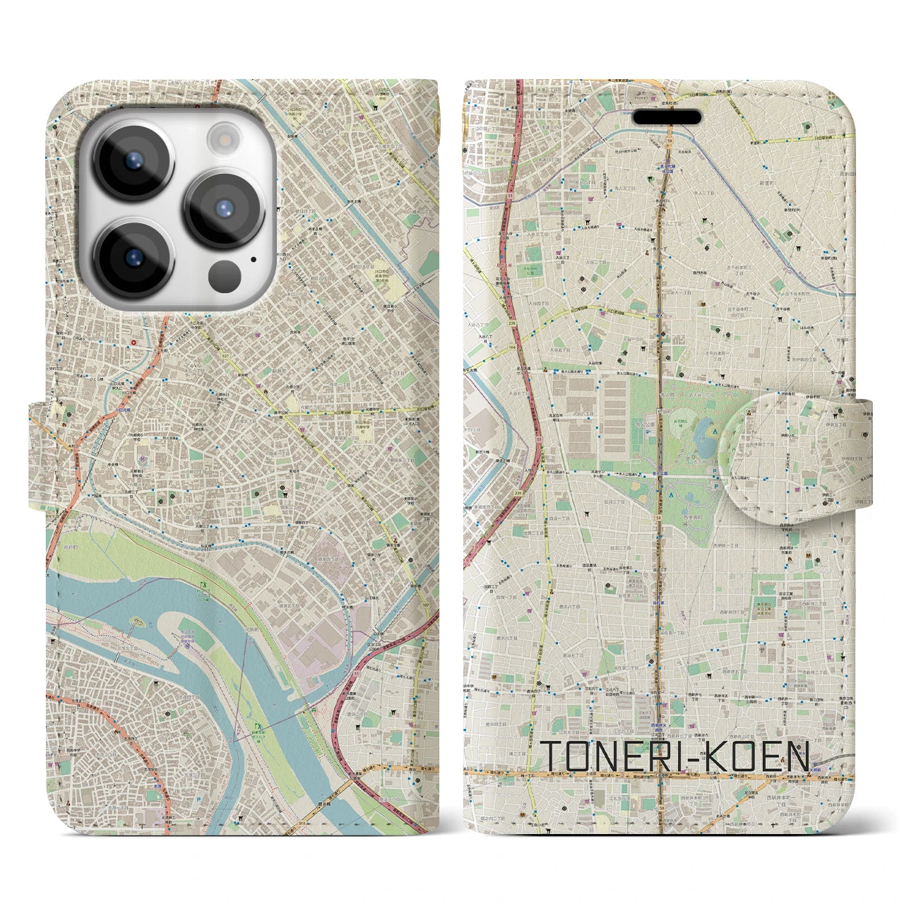 【舎人公園(東京都)】地図柄iPhoneケース(手帳タイプ)ナチュラル・iPhone 14 Pro 用