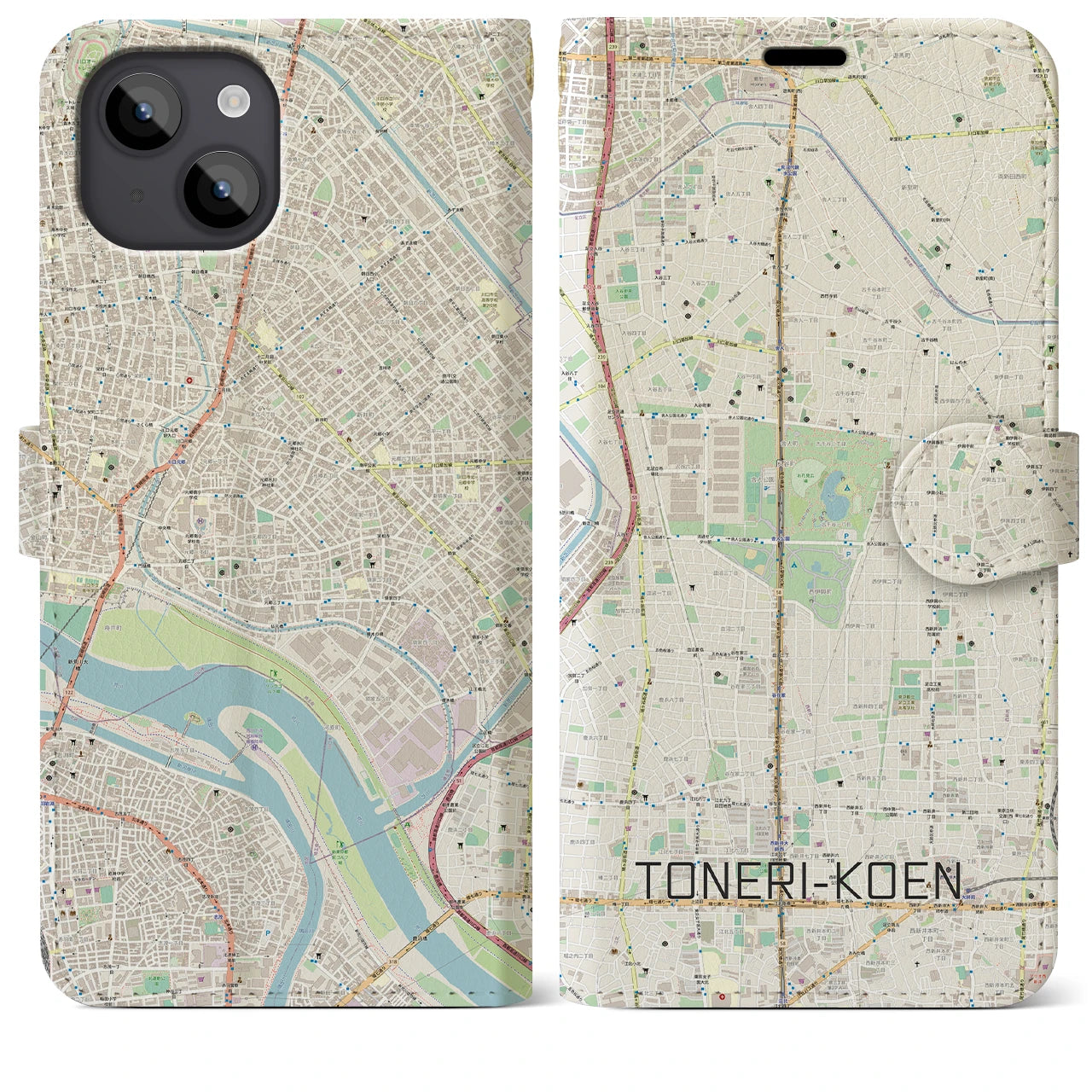 【舎人公園(東京都)】地図柄iPhoneケース(手帳タイプ)ナチュラル・iPhone 14 Plus 用