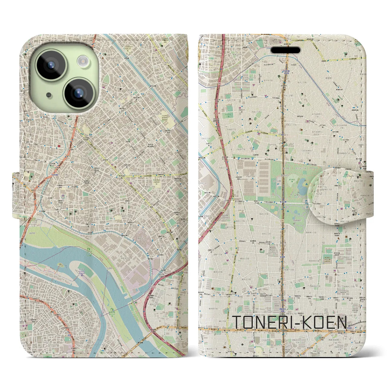 【舎人公園(東京都)】地図柄iPhoneケース(手帳タイプ)ナチュラル・iPhone 15 用