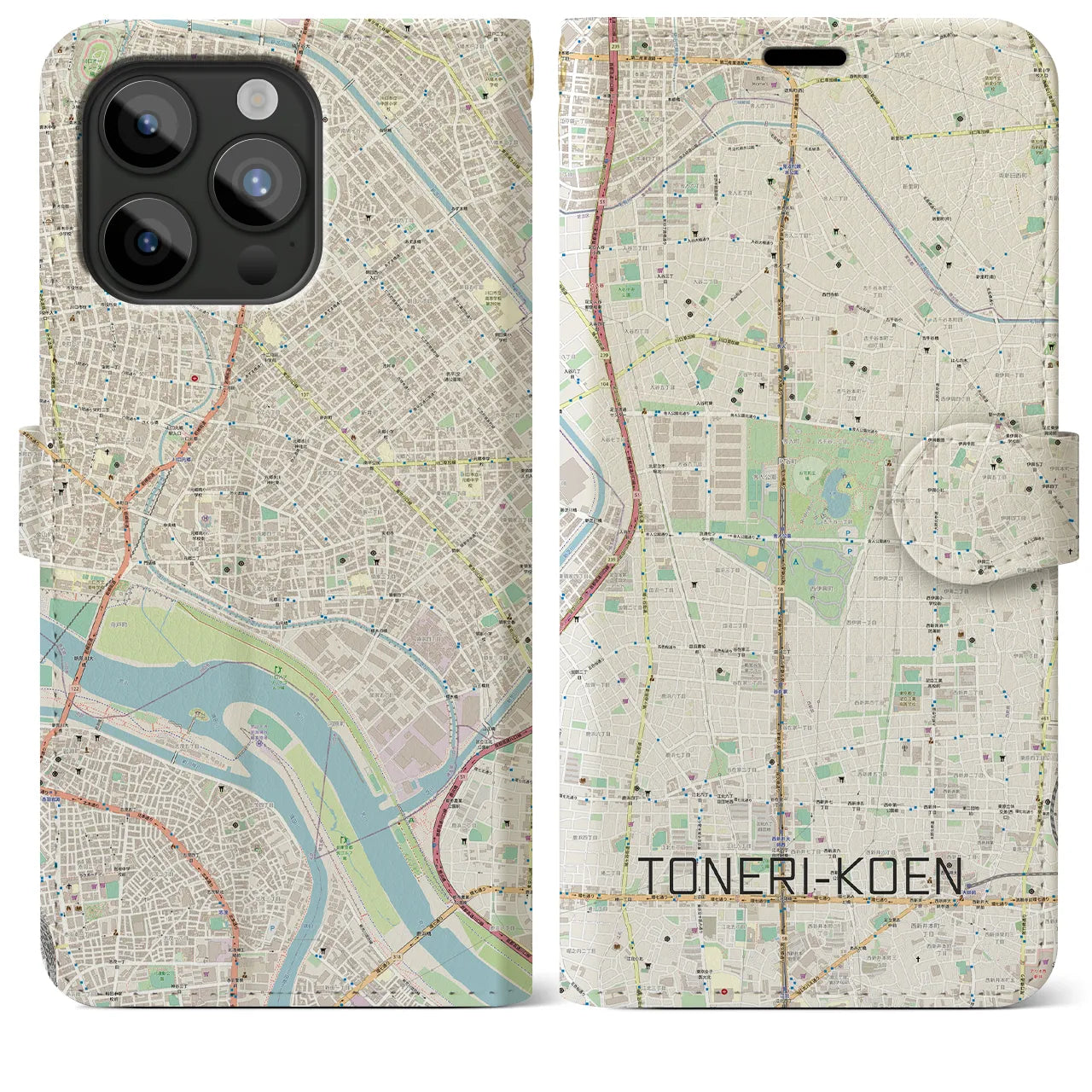 【舎人公園(東京都)】地図柄iPhoneケース(手帳タイプ)ナチュラル・iPhone 15 Pro Max 用