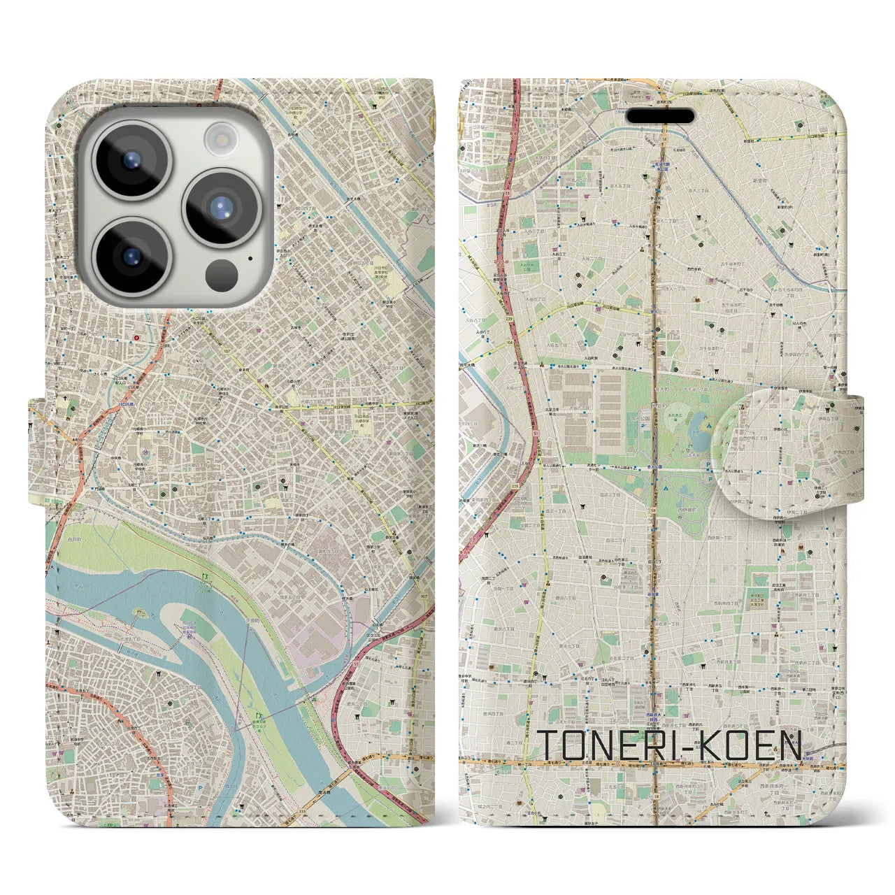 【舎人公園(東京都)】地図柄iPhoneケース(手帳タイプ)ナチュラル・iPhone 15 Pro 用