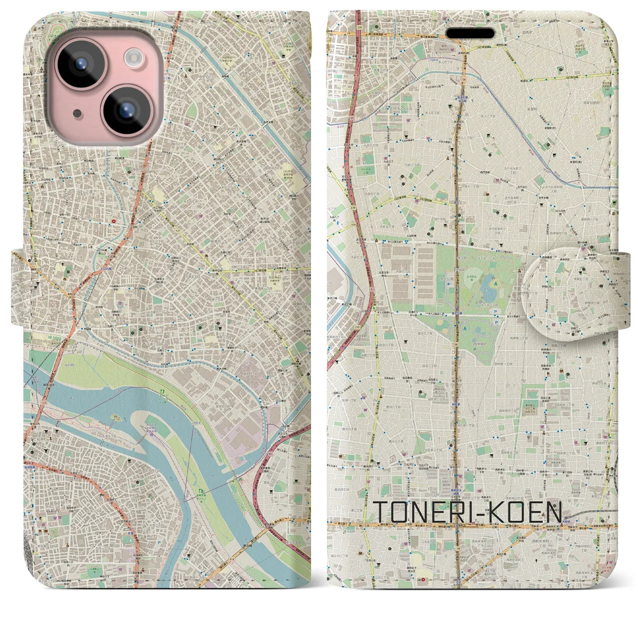 【舎人公園(東京都)】地図柄iPhoneケース(手帳タイプ)ナチュラル・iPhone 15 Plus 用