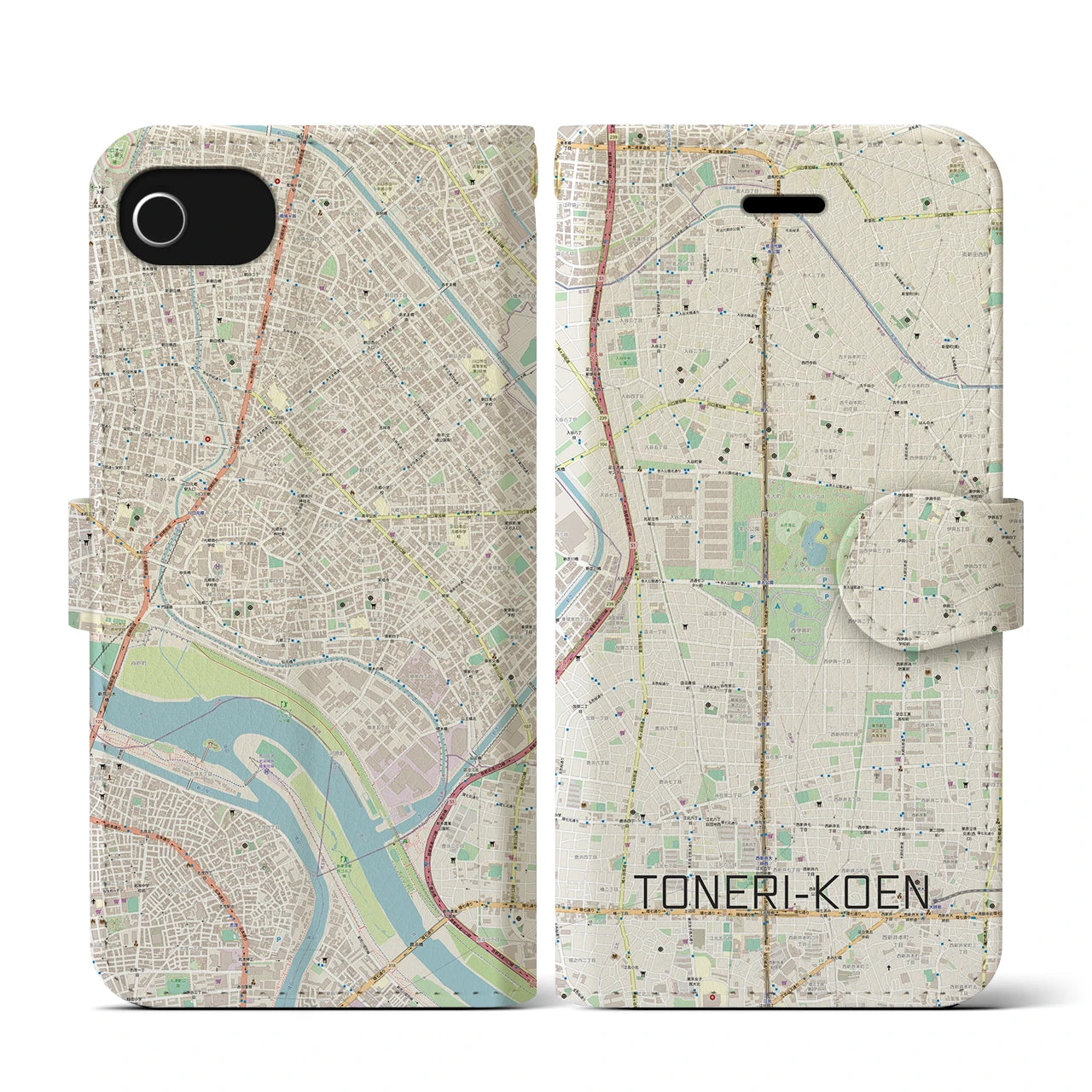 【舎人公園(東京都)】地図柄iPhoneケース(手帳タイプ)ナチュラル・iPhone SE(第3 / 第2世代) / 8 / 7 / 6s / 6 用