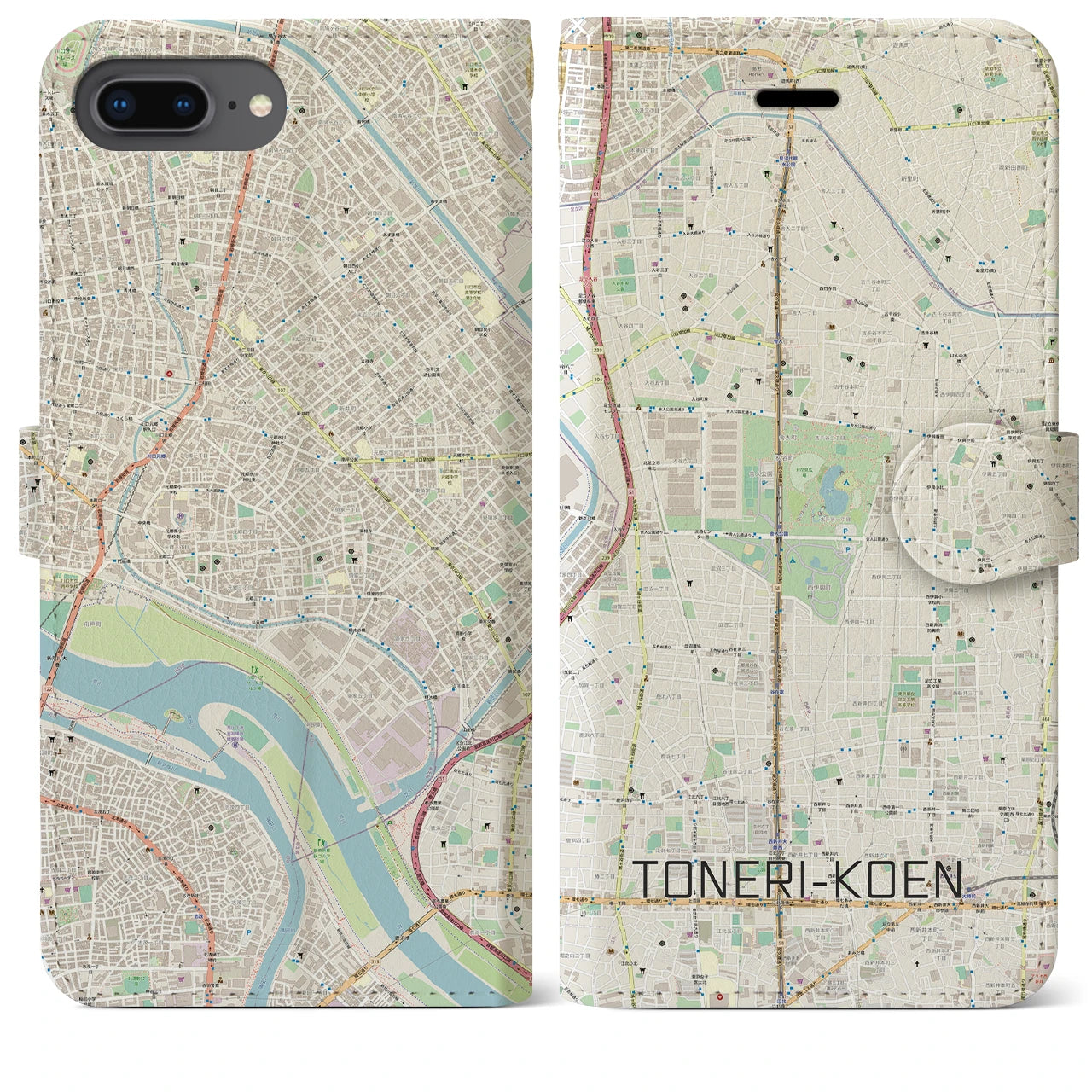 【舎人公園(東京都)】地図柄iPhoneケース(手帳タイプ)ナチュラル・iPhone 8Plus /7Plus / 6sPlus / 6Plus 用