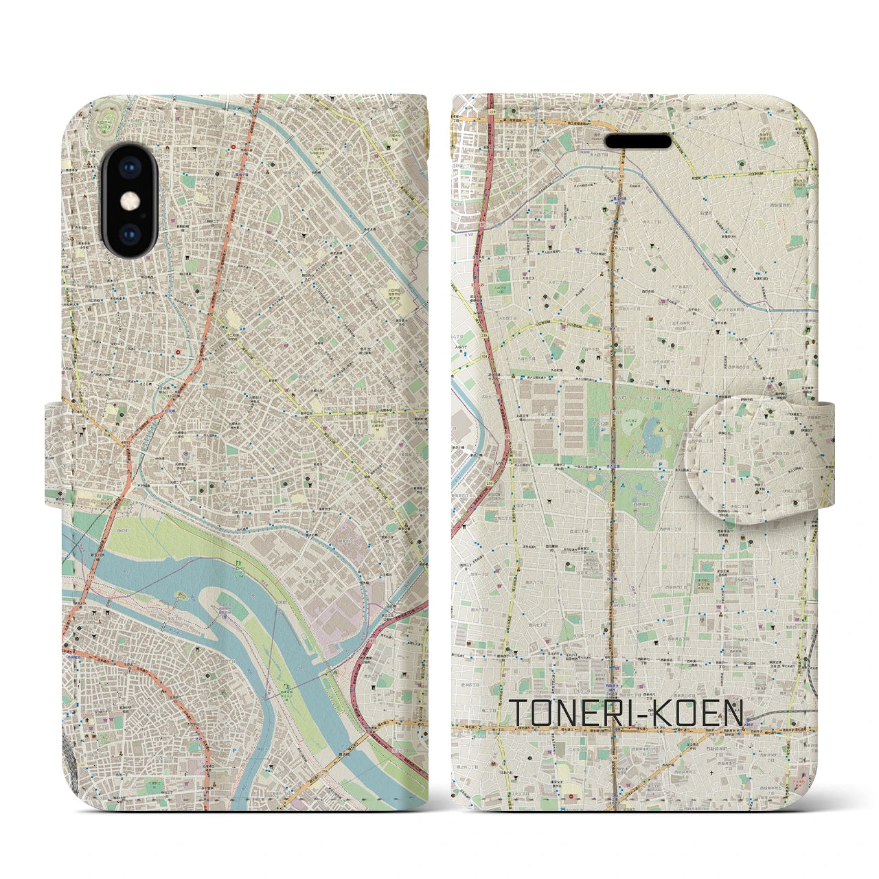 【舎人公園(東京都)】地図柄iPhoneケース(手帳タイプ)ナチュラル・iPhone XS / X 用