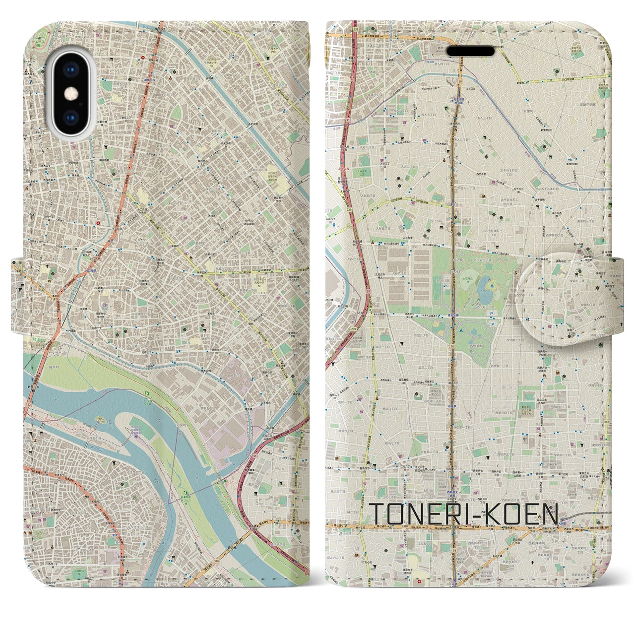 【舎人公園(東京都)】地図柄iPhoneケース(手帳タイプ)ナチュラル・iPhone XS Max 用