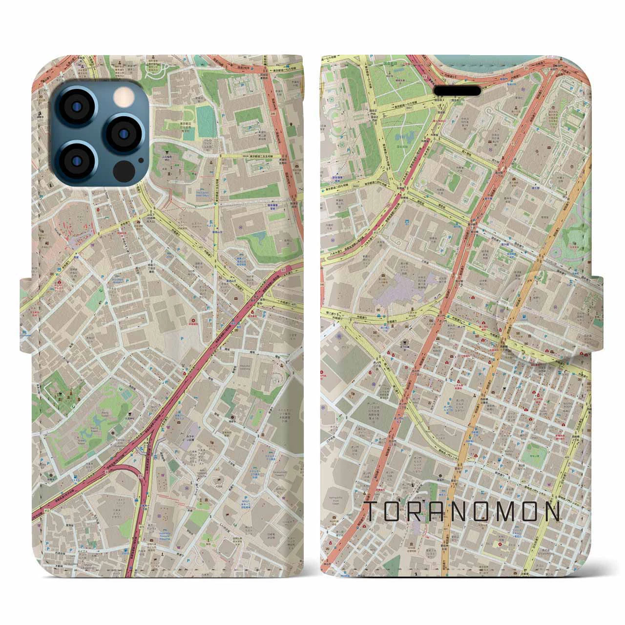 【虎ノ門(東京都)】地図柄iPhoneケース(手帳タイプ)ナチュラル・iPhone 12 / 12 Pro 用