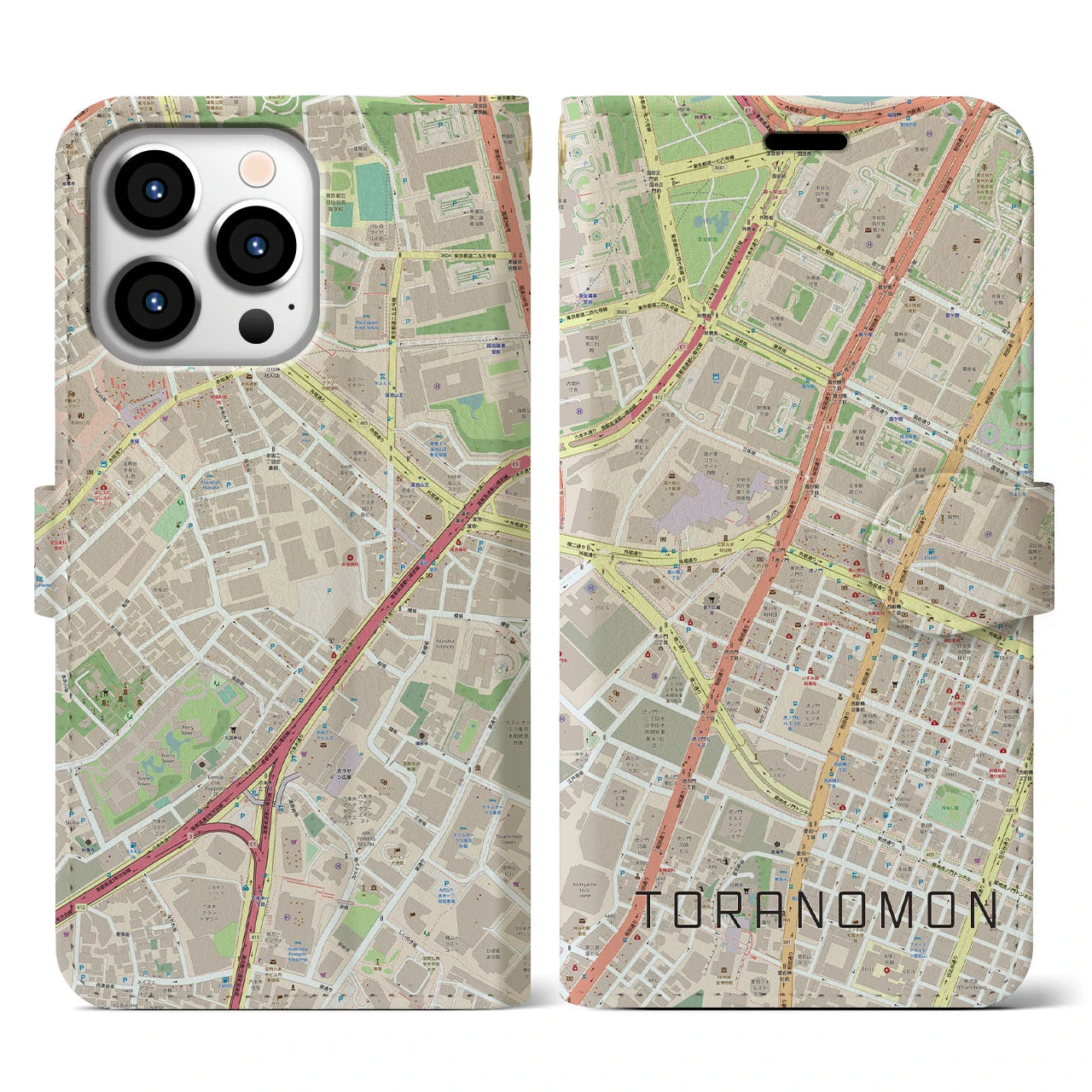 【虎ノ門(東京都)】地図柄iPhoneケース(手帳タイプ)ナチュラル・iPhone 13 Pro 用