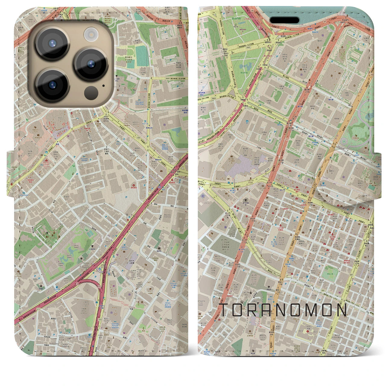 【虎ノ門(東京都)】地図柄iPhoneケース(手帳タイプ)ナチュラル・iPhone 14 Pro Max 用