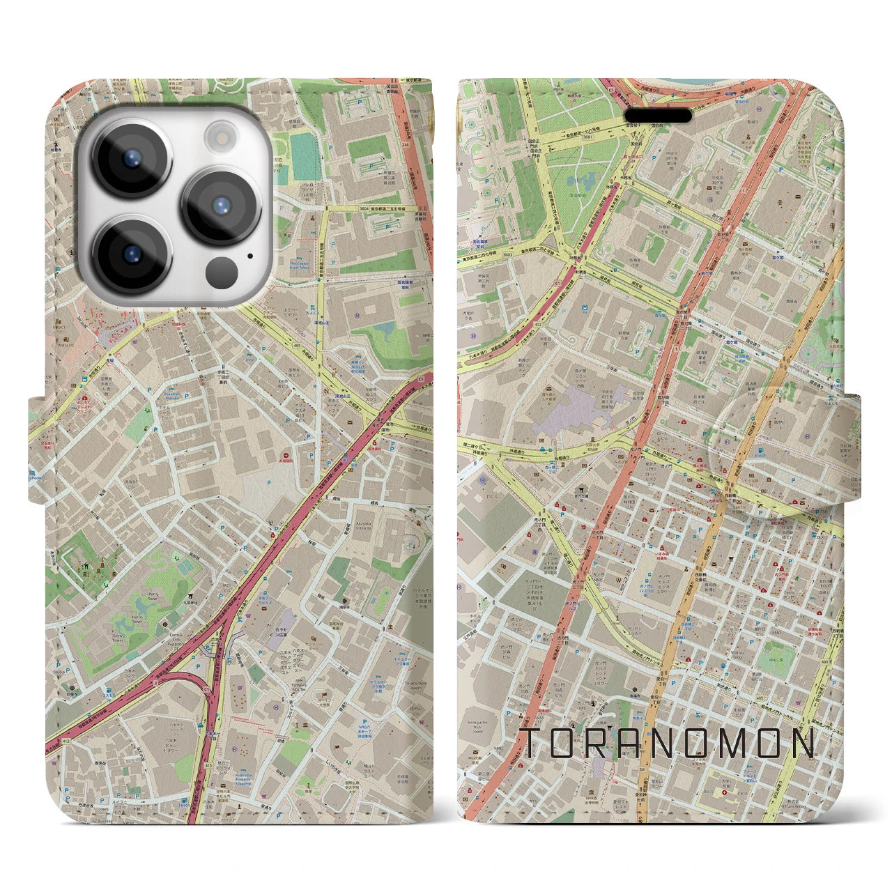 【虎ノ門(東京都)】地図柄iPhoneケース(手帳タイプ)ナチュラル・iPhone 14 Pro 用