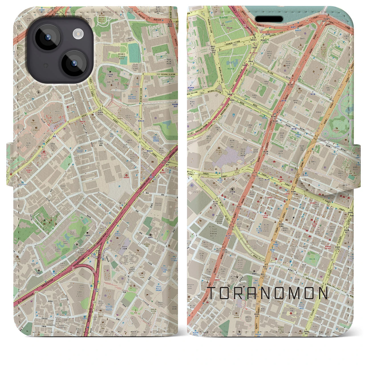 【虎ノ門(東京都)】地図柄iPhoneケース(手帳タイプ)ナチュラル・iPhone 14 Plus 用