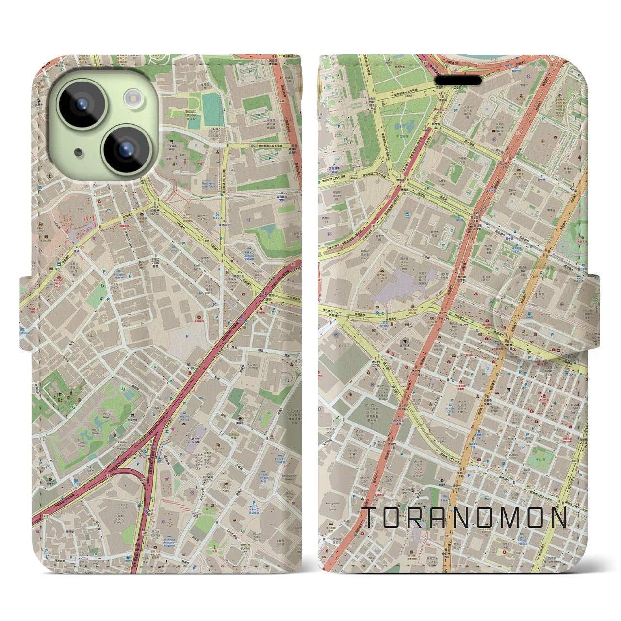 【虎ノ門(東京都)】地図柄iPhoneケース(手帳タイプ)ナチュラル・iPhone 15 用