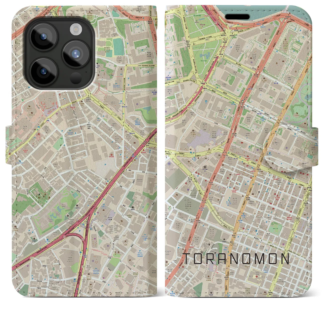 【虎ノ門(東京都)】地図柄iPhoneケース(手帳タイプ)ナチュラル・iPhone 15 Pro Max 用