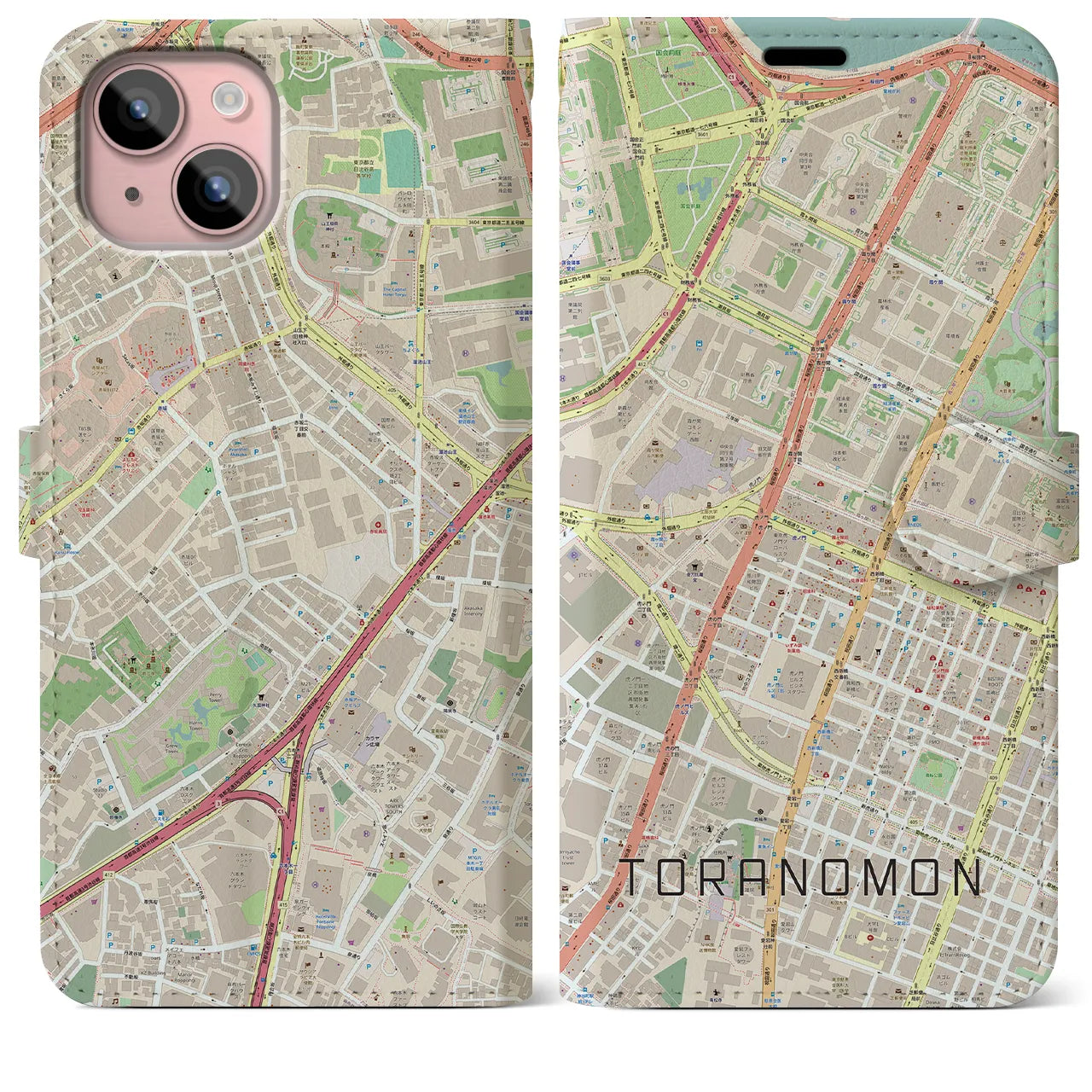 【虎ノ門(東京都)】地図柄iPhoneケース(手帳タイプ)ナチュラル・iPhone 15 Plus 用