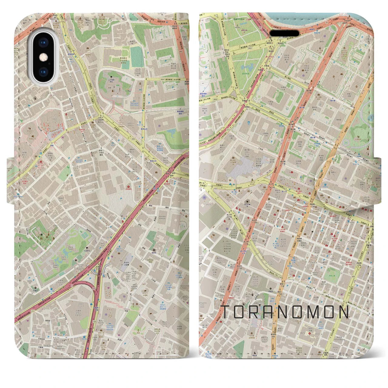 【虎ノ門(東京都)】地図柄iPhoneケース(手帳タイプ)ナチュラル・iPhone XS Max 用
