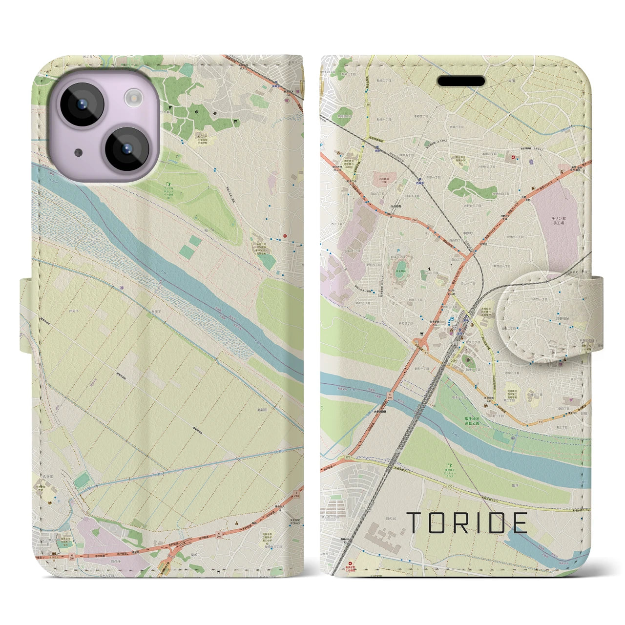 【取手(茨城県)】地図柄iPhoneケース(手帳タイプ)ナチュラル・iPhone 14 用