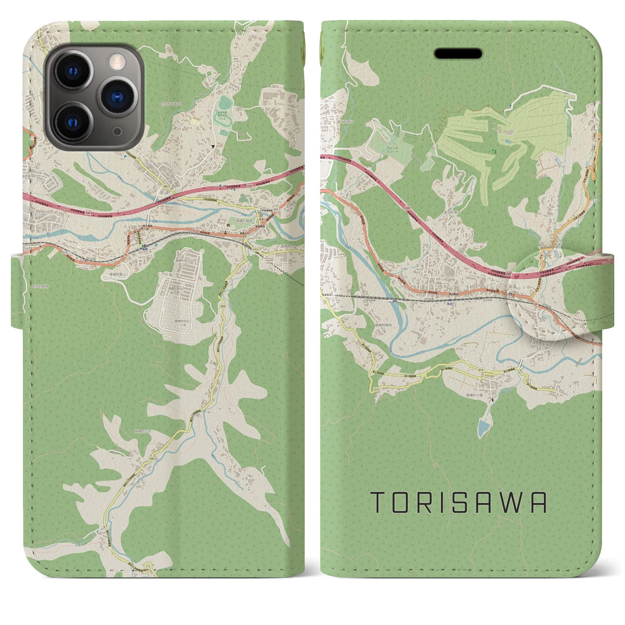 【鳥沢(山梨県)】地図柄iPhoneケース(手帳タイプ)ナチュラル・iPhone 11 Pro Max 用