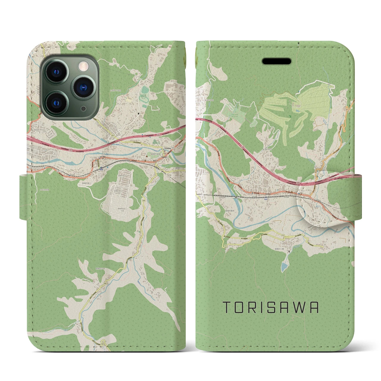 【鳥沢(山梨県)】地図柄iPhoneケース(手帳タイプ)ナチュラル・iPhone 11 Pro 用