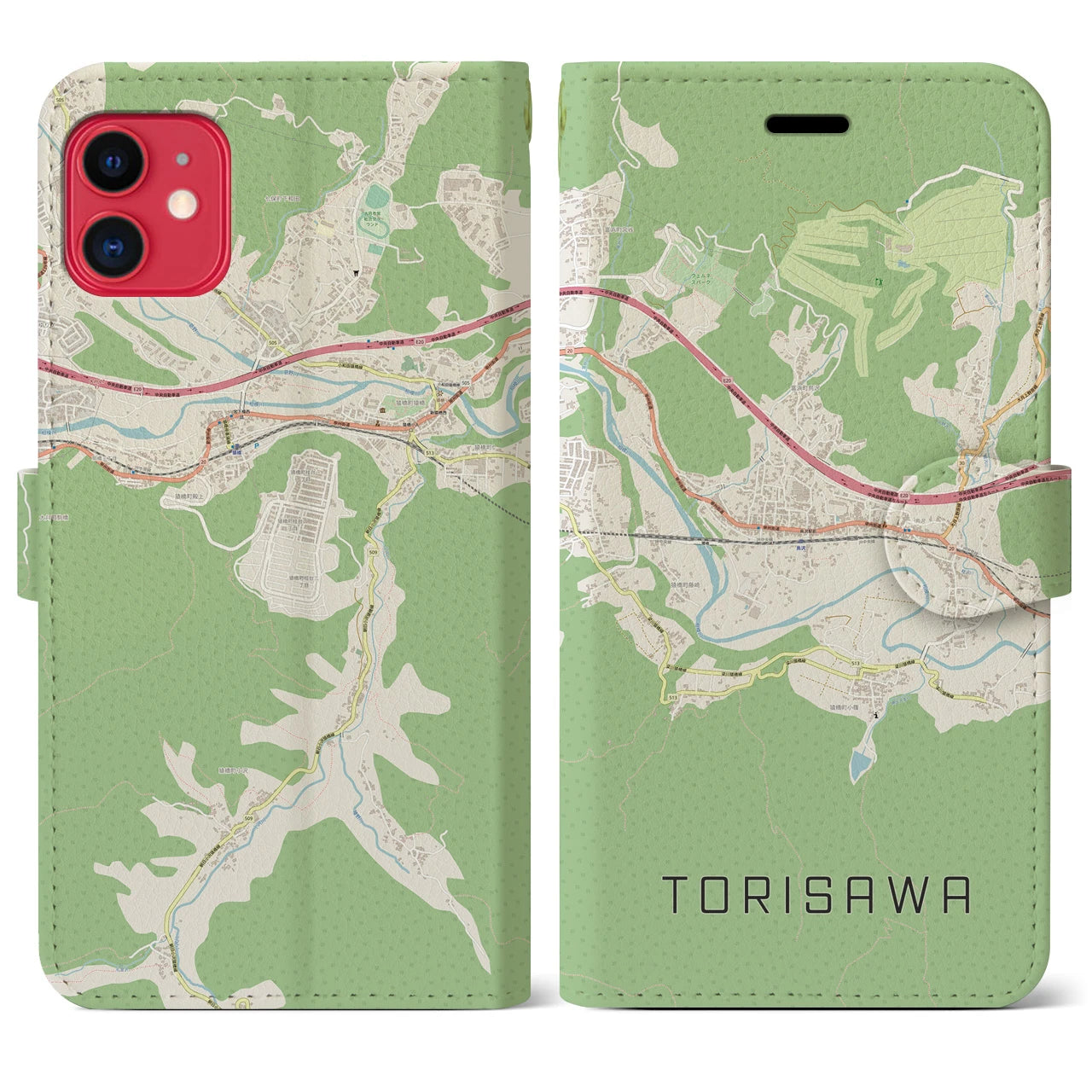 【鳥沢(山梨県)】地図柄iPhoneケース(手帳タイプ)ナチュラル・iPhone 11 用