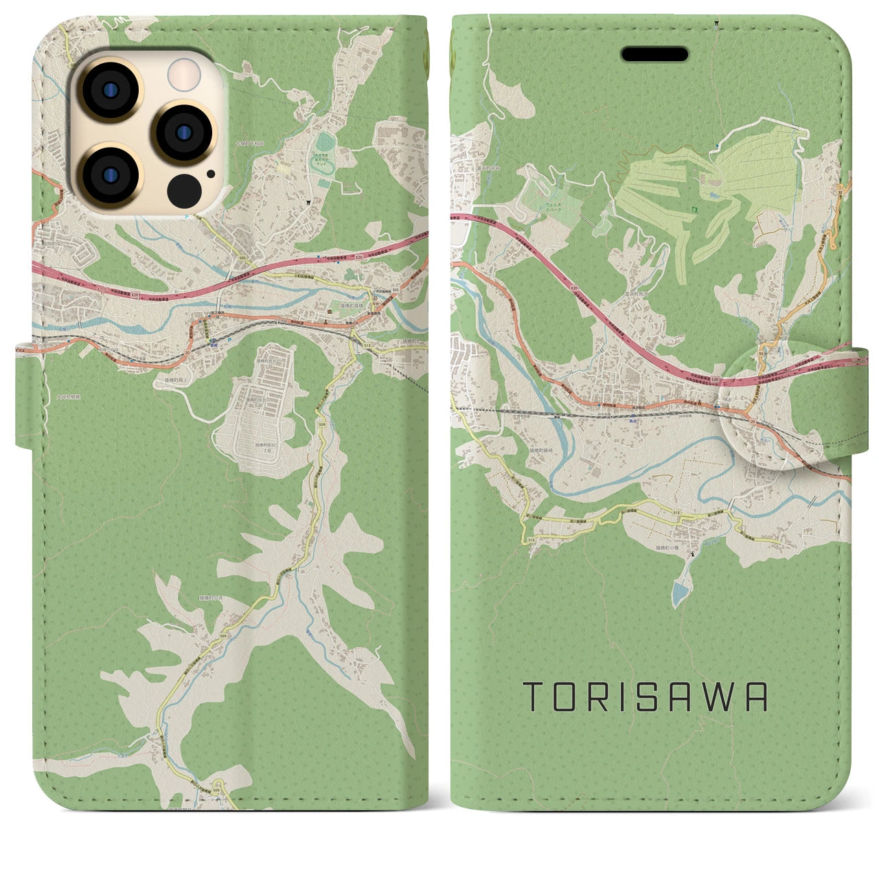 【鳥沢(山梨県)】地図柄iPhoneケース(手帳タイプ)ナチュラル・iPhone 12 Pro Max 用