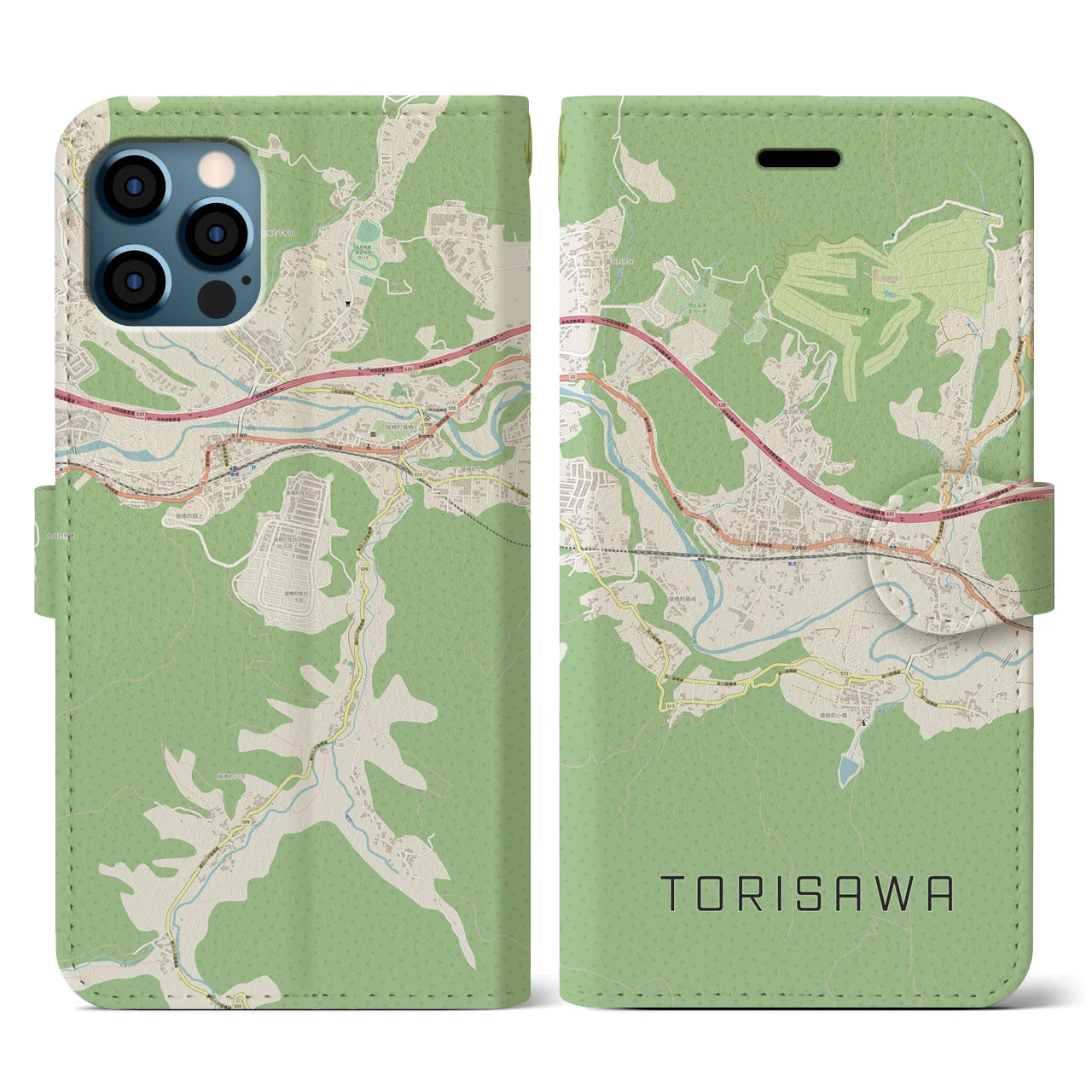 【鳥沢(山梨県)】地図柄iPhoneケース(手帳タイプ)ナチュラル・iPhone 12 / 12 Pro 用