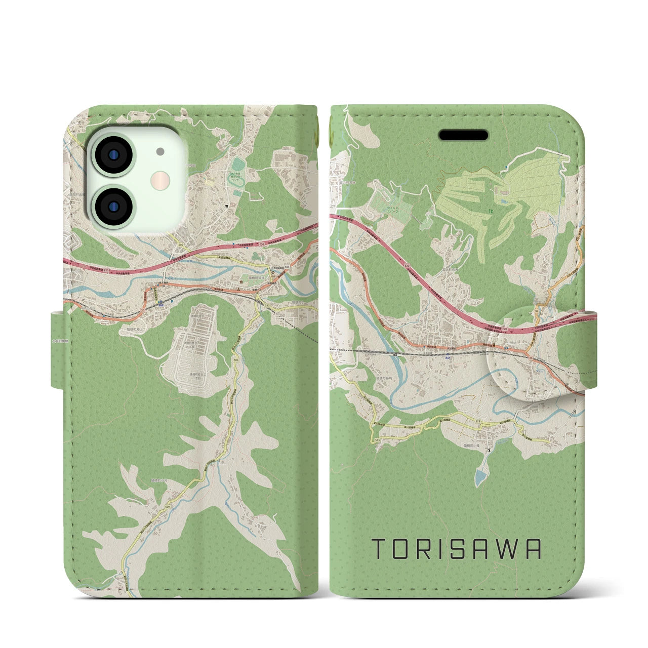 【鳥沢(山梨県)】地図柄iPhoneケース(手帳タイプ)ナチュラル・iPhone 12 mini 用