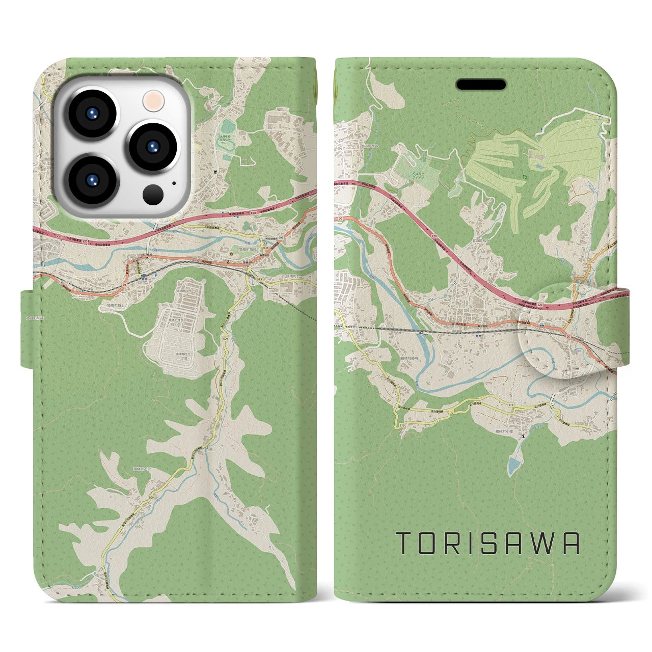 【鳥沢(山梨県)】地図柄iPhoneケース(手帳タイプ)ナチュラル・iPhone 13 Pro 用