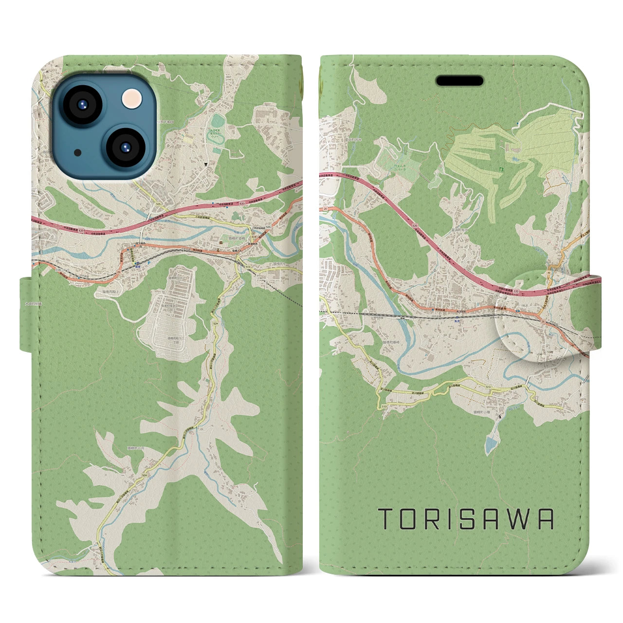 【鳥沢(山梨県)】地図柄iPhoneケース(手帳タイプ)ナチュラル・iPhone 13 用