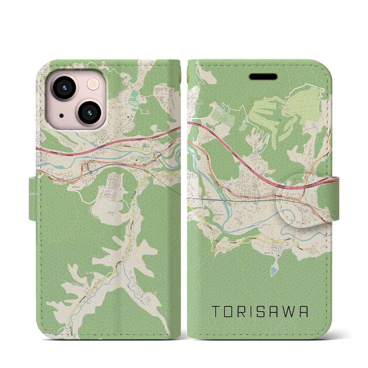 【鳥沢(山梨県)】地図柄iPhoneケース(手帳タイプ)ナチュラル・iPhone 13 mini 用