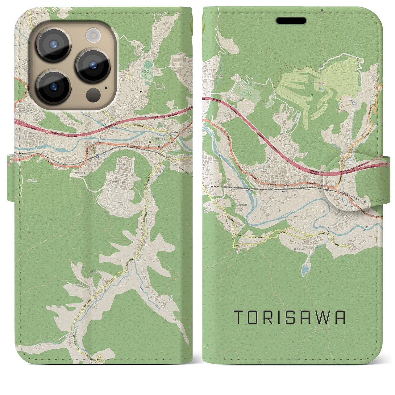 【鳥沢(山梨県)】地図柄iPhoneケース(手帳タイプ)ナチュラル・iPhone 14 Pro Max 用