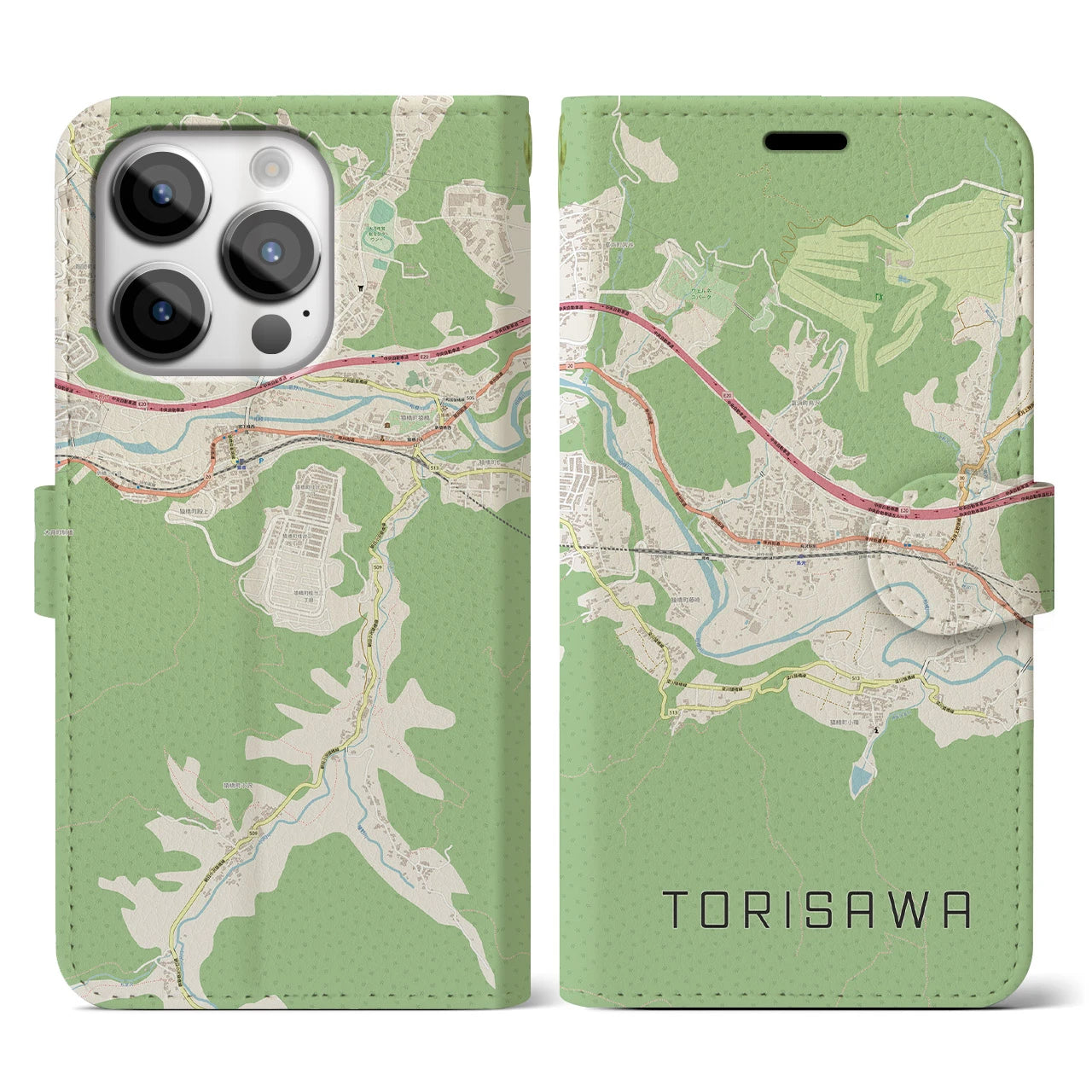 【鳥沢(山梨県)】地図柄iPhoneケース(手帳タイプ)ナチュラル・iPhone 14 Pro 用