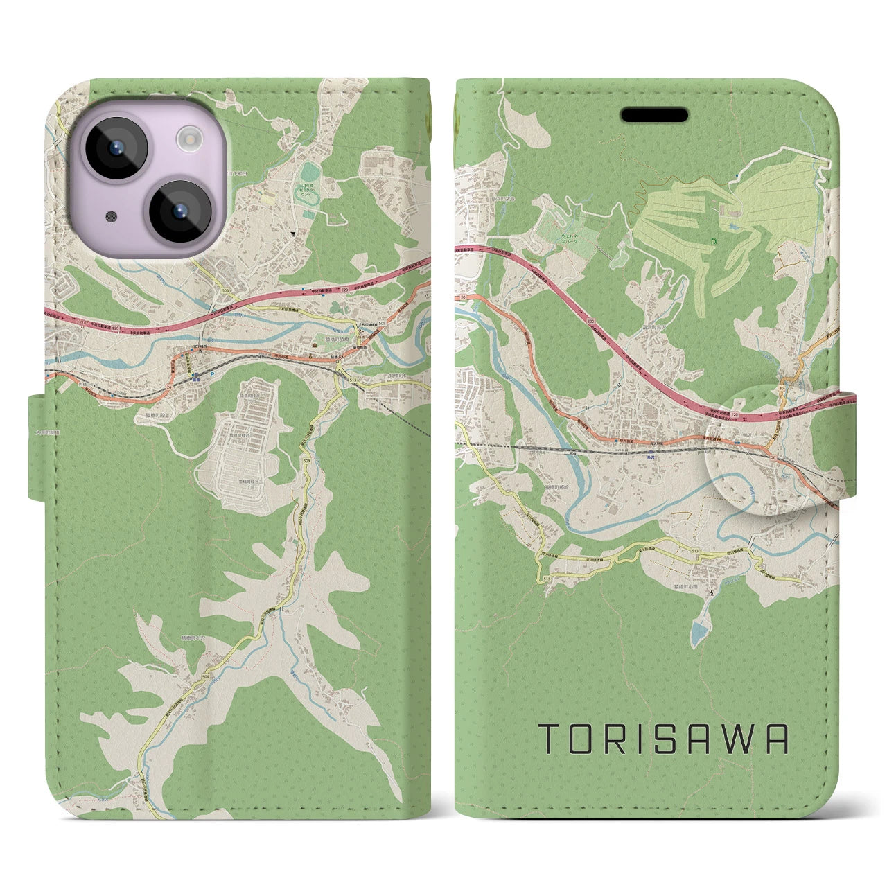 【鳥沢(山梨県)】地図柄iPhoneケース(手帳タイプ)ナチュラル・iPhone 14 用