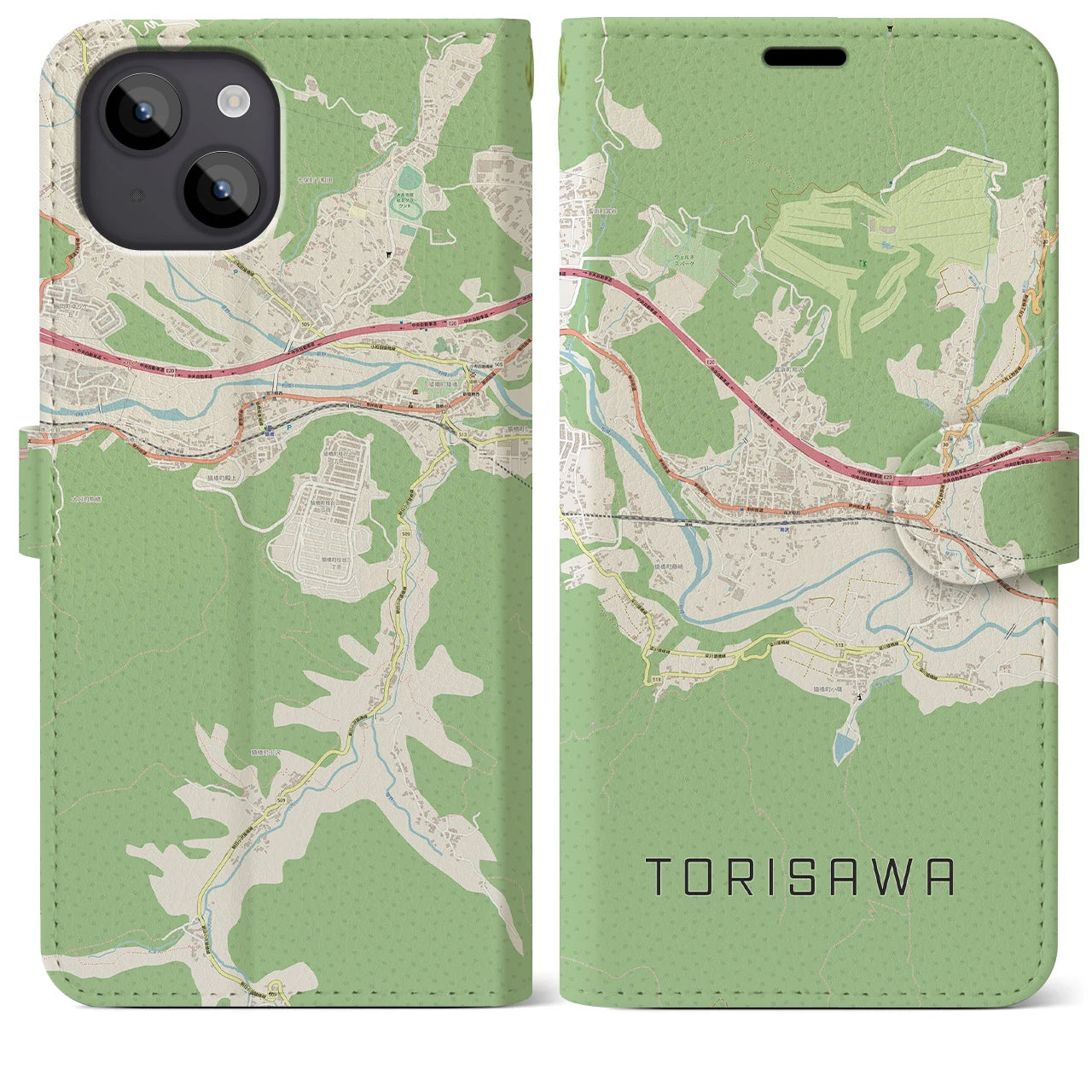 【鳥沢(山梨県)】地図柄iPhoneケース(手帳タイプ)ナチュラル・iPhone 14 Plus 用