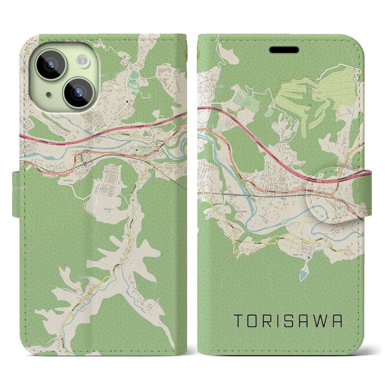【鳥沢(山梨県)】地図柄iPhoneケース(手帳タイプ)ナチュラル・iPhone 15 用