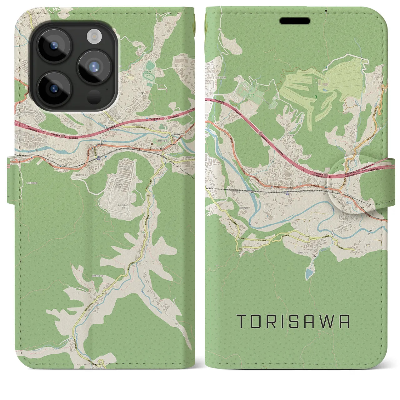 【鳥沢(山梨県)】地図柄iPhoneケース(手帳タイプ)ナチュラル・iPhone 15 Pro Max 用