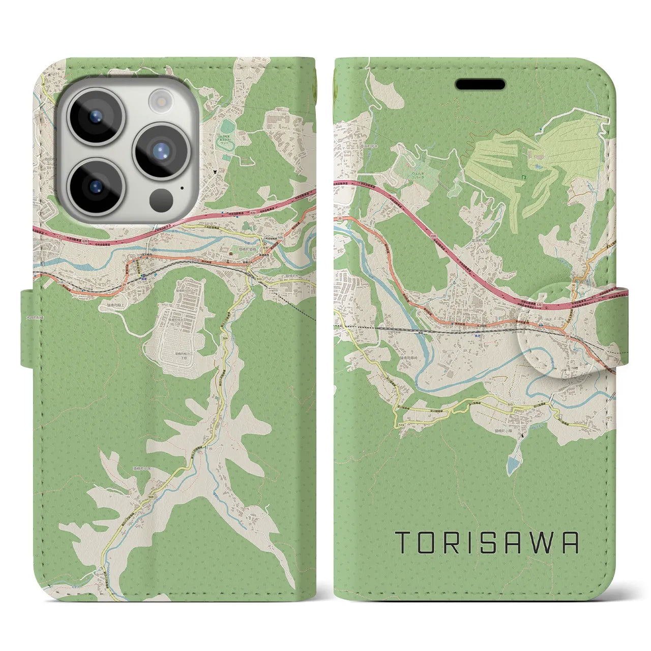 【鳥沢(山梨県)】地図柄iPhoneケース(手帳タイプ)ナチュラル・iPhone 15 Pro 用