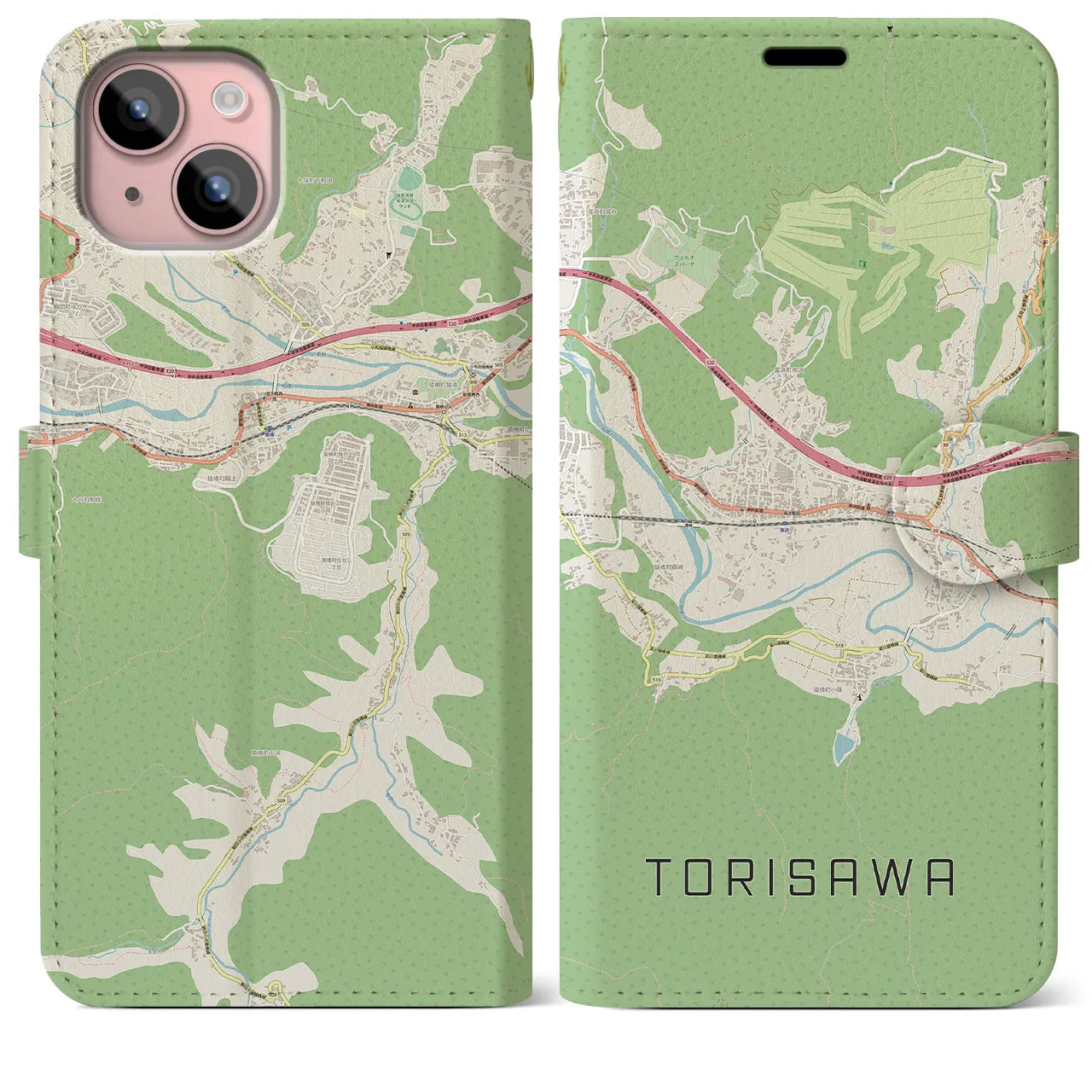 【鳥沢(山梨県)】地図柄iPhoneケース(手帳タイプ)ナチュラル・iPhone 15 Plus 用