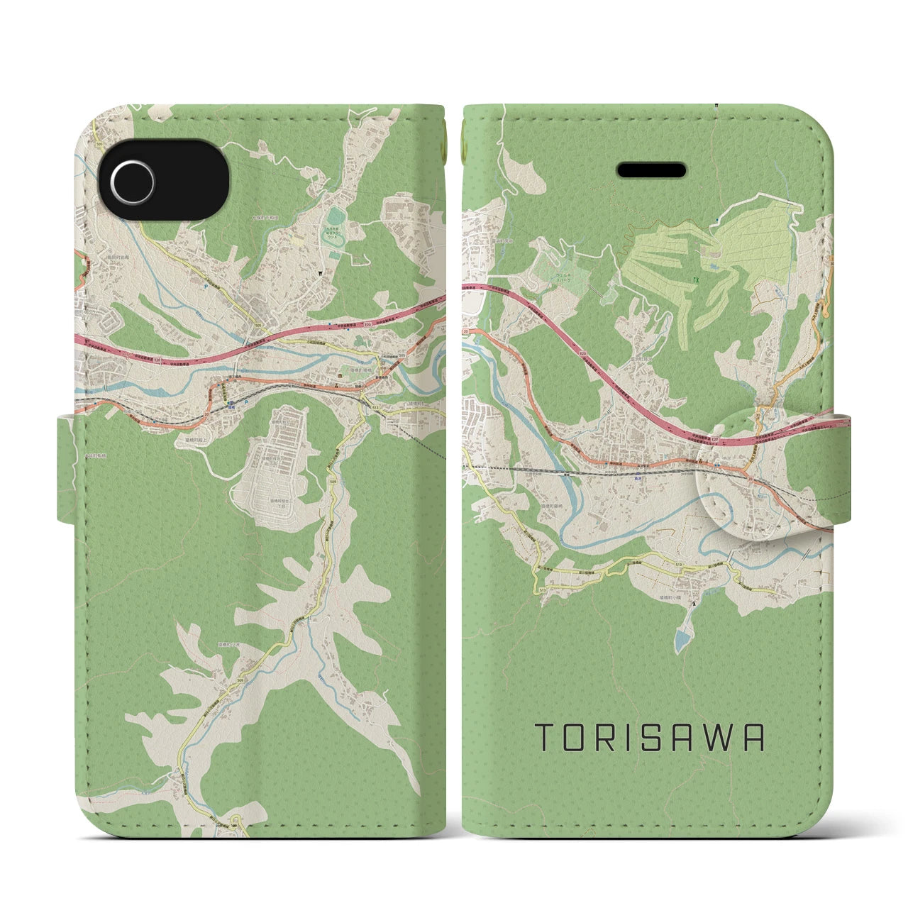 【鳥沢(山梨県)】地図柄iPhoneケース(手帳タイプ)ナチュラル・iPhone SE(第3 / 第2世代) / 8 / 7 / 6s / 6 用