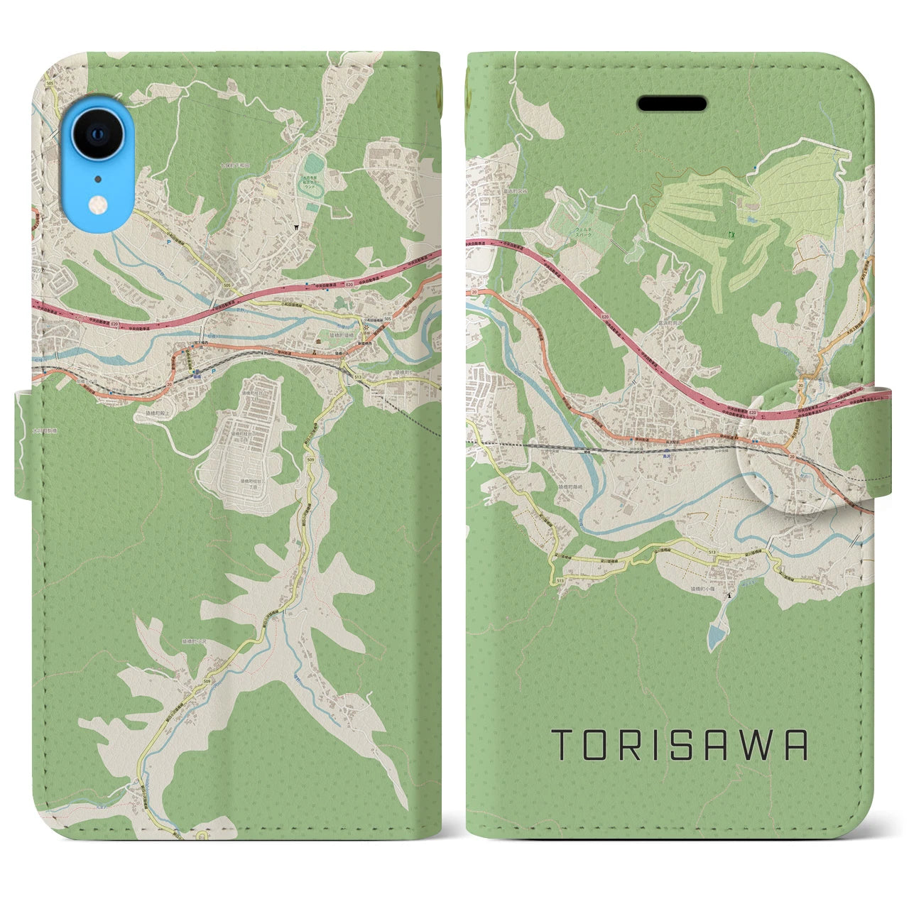 【鳥沢(山梨県)】地図柄iPhoneケース(手帳タイプ)ナチュラル・iPhone XR 用