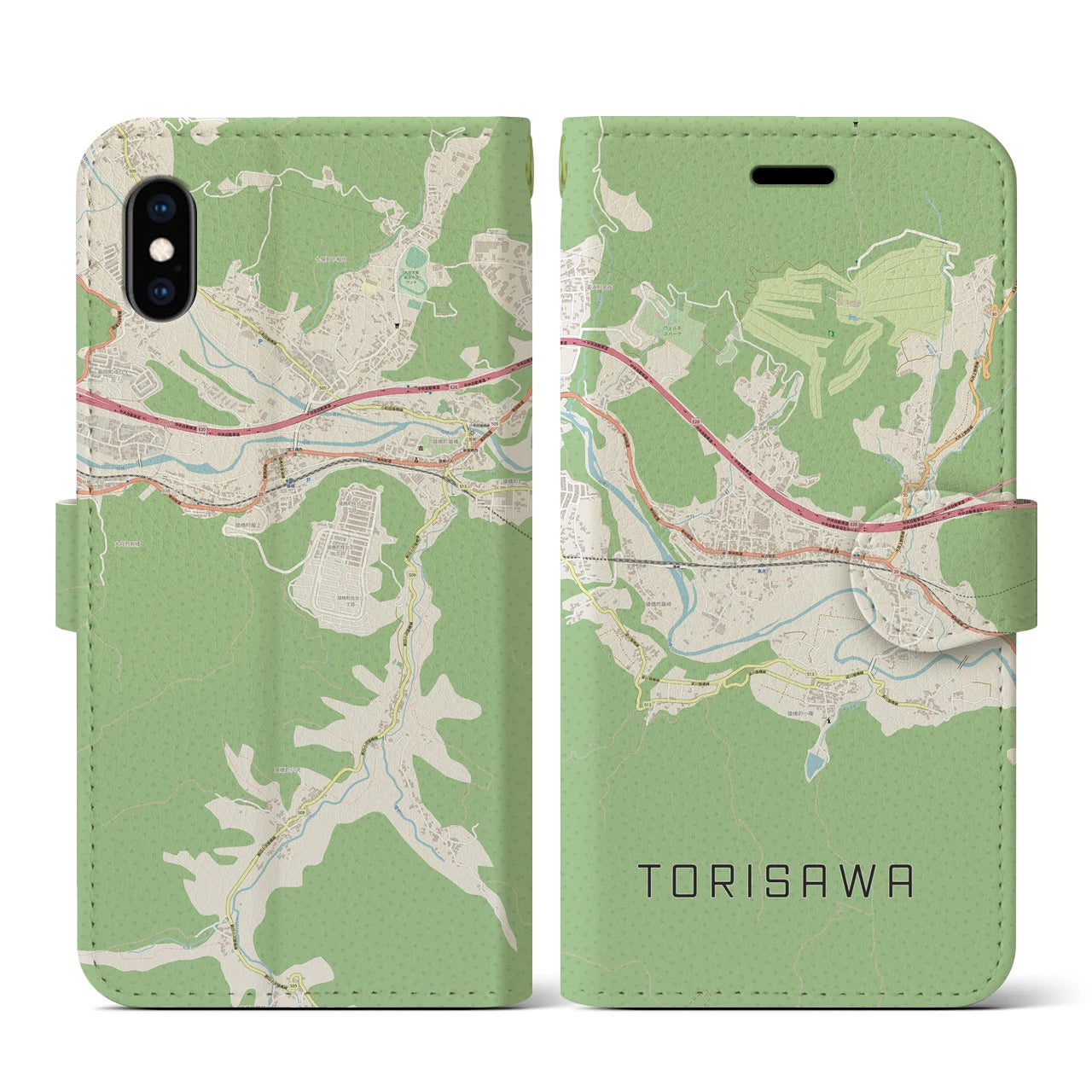 【鳥沢(山梨県)】地図柄iPhoneケース(手帳タイプ)ナチュラル・iPhone XS / X 用