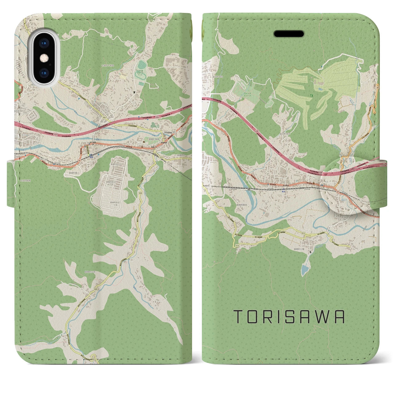 【鳥沢(山梨県)】地図柄iPhoneケース(手帳タイプ)ナチュラル・iPhone XS Max 用
