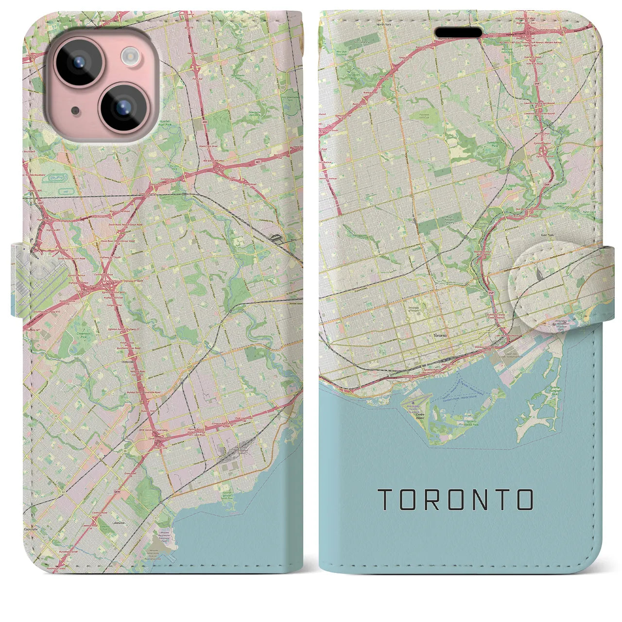 【トロント(カナダ)】地図柄iPhoneケース(手帳タイプ)ナチュラル・iPhone 15 Plus 用