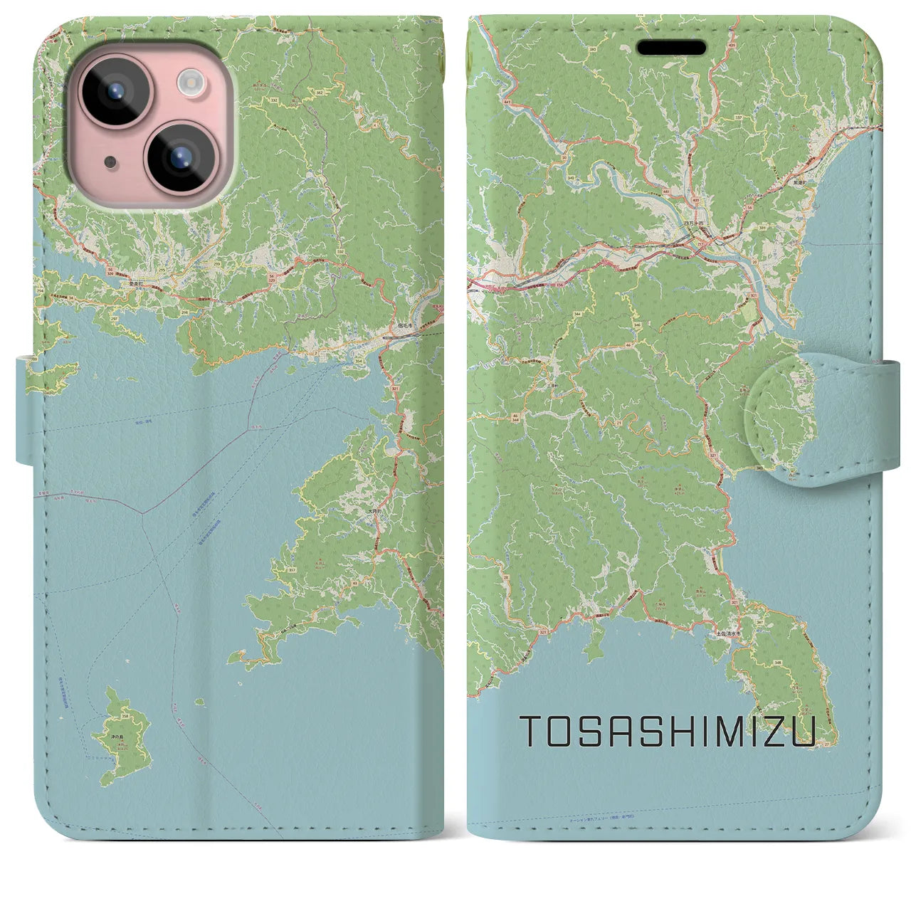 【土佐清水(高知県)】地図柄iPhoneケース(手帳タイプ)ナチュラル・iPhone 15 Plus 用