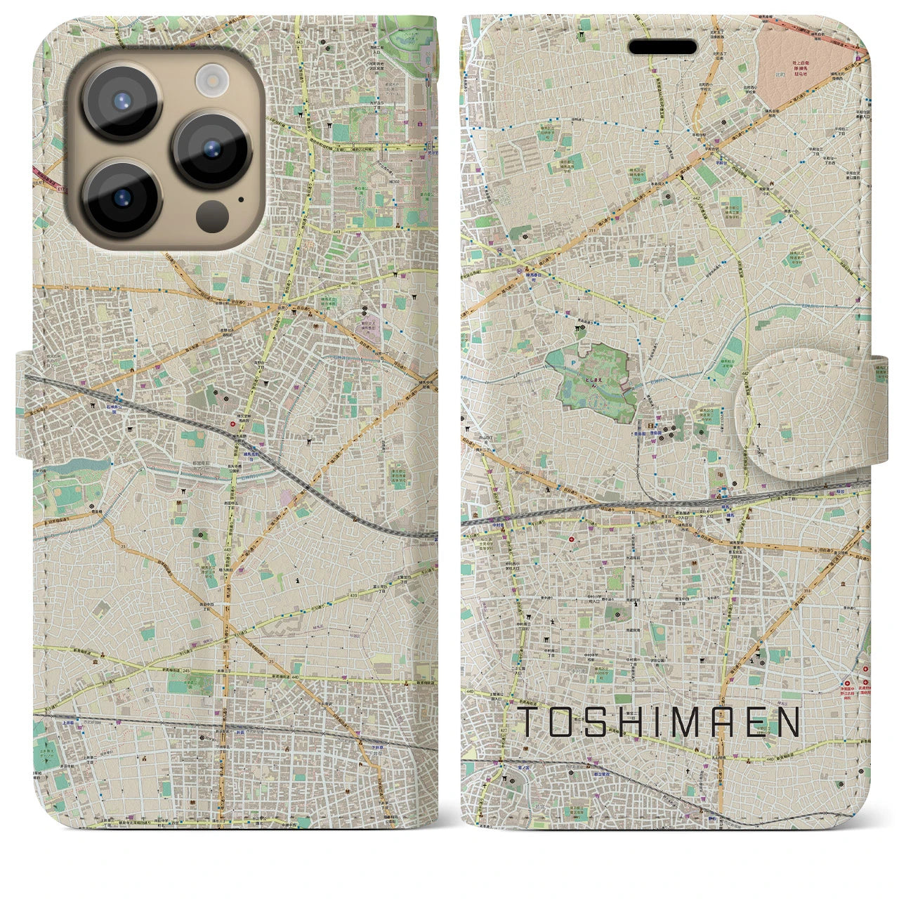 【豊島園(東京都)】地図柄iPhoneケース(手帳タイプ)ナチュラル・iPhone 14 Pro Max 用