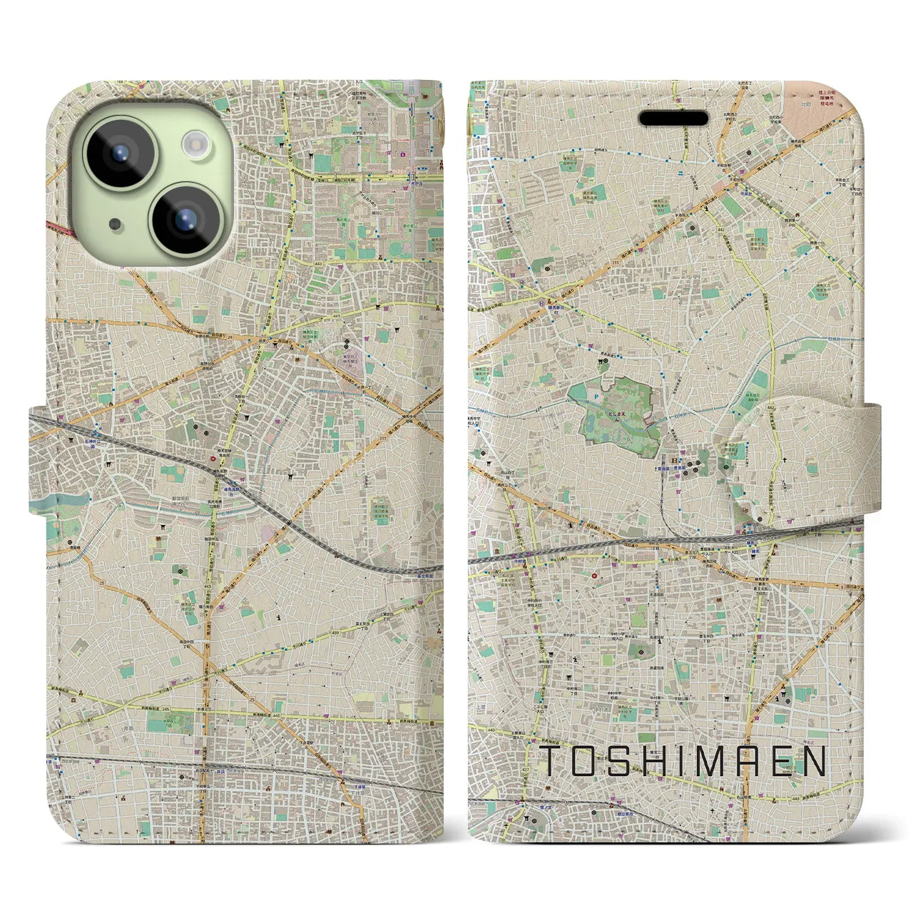 【豊島園(東京都)】地図柄iPhoneケース(手帳タイプ)ナチュラル・iPhone 15 用